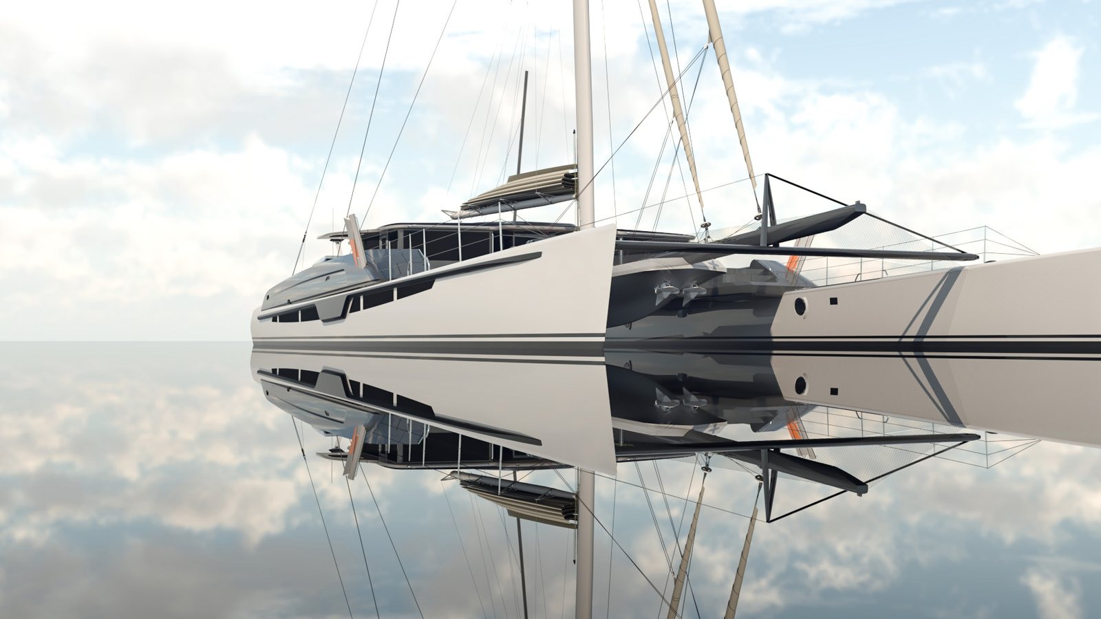 The Bellevue ECO catamaran reflected on mirror-calm water