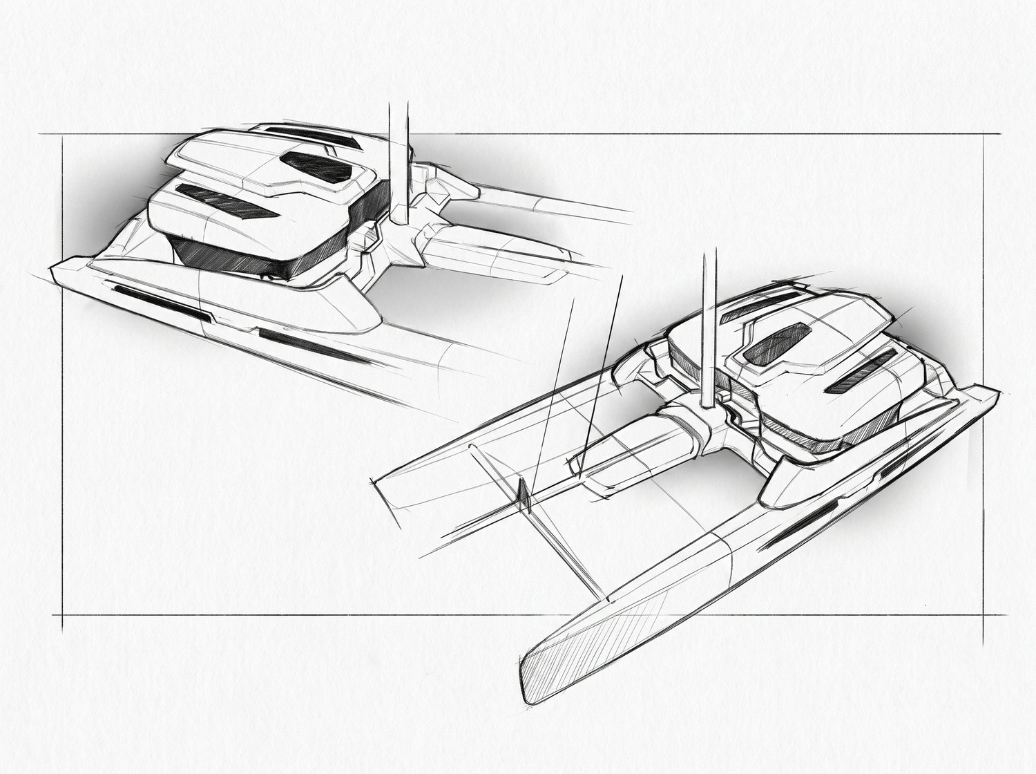 Design sketch of the Bellevue ECO catamaran from two perspectives