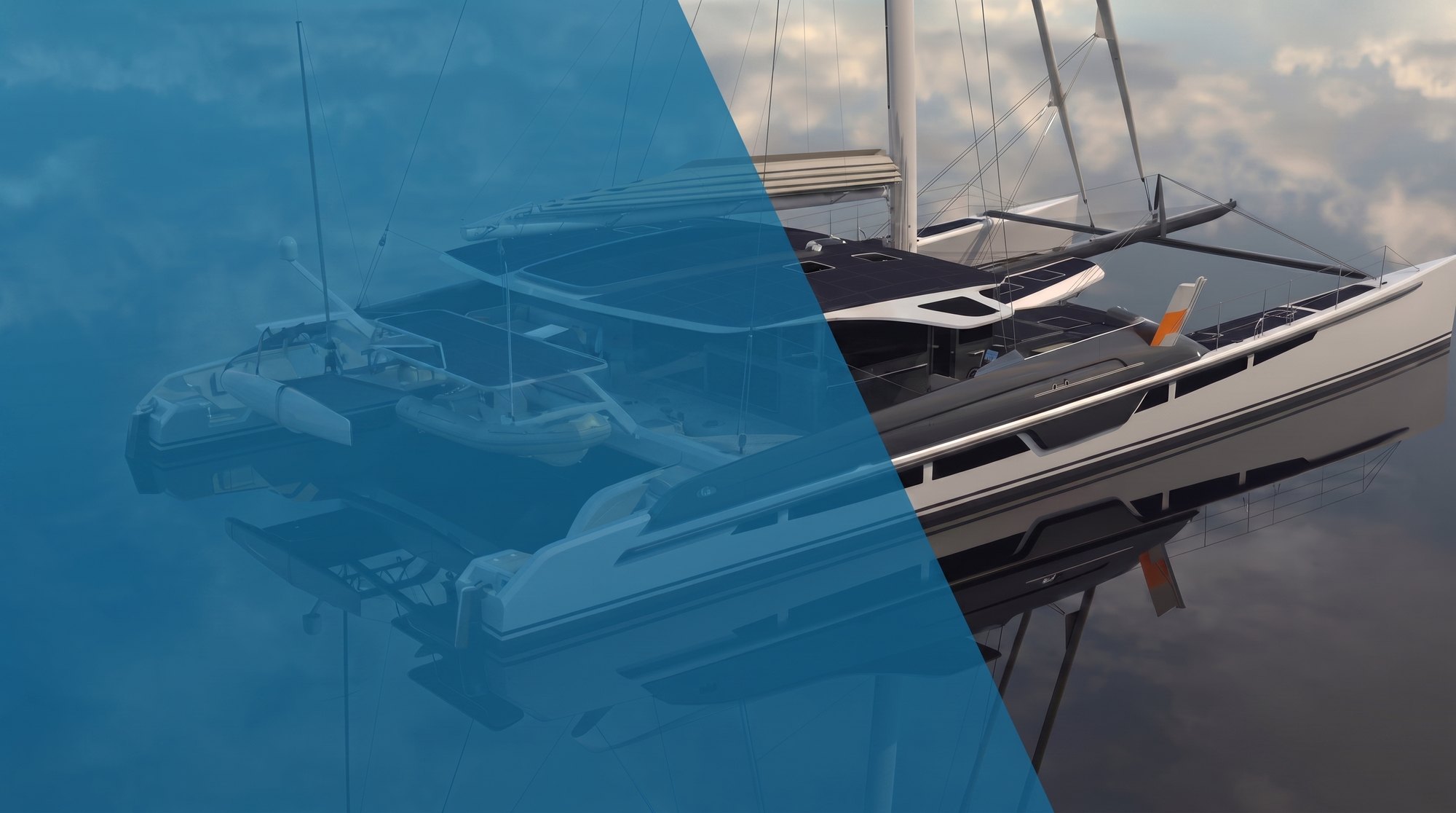 The Bellevue ECO catamaran on mirror-calm water
