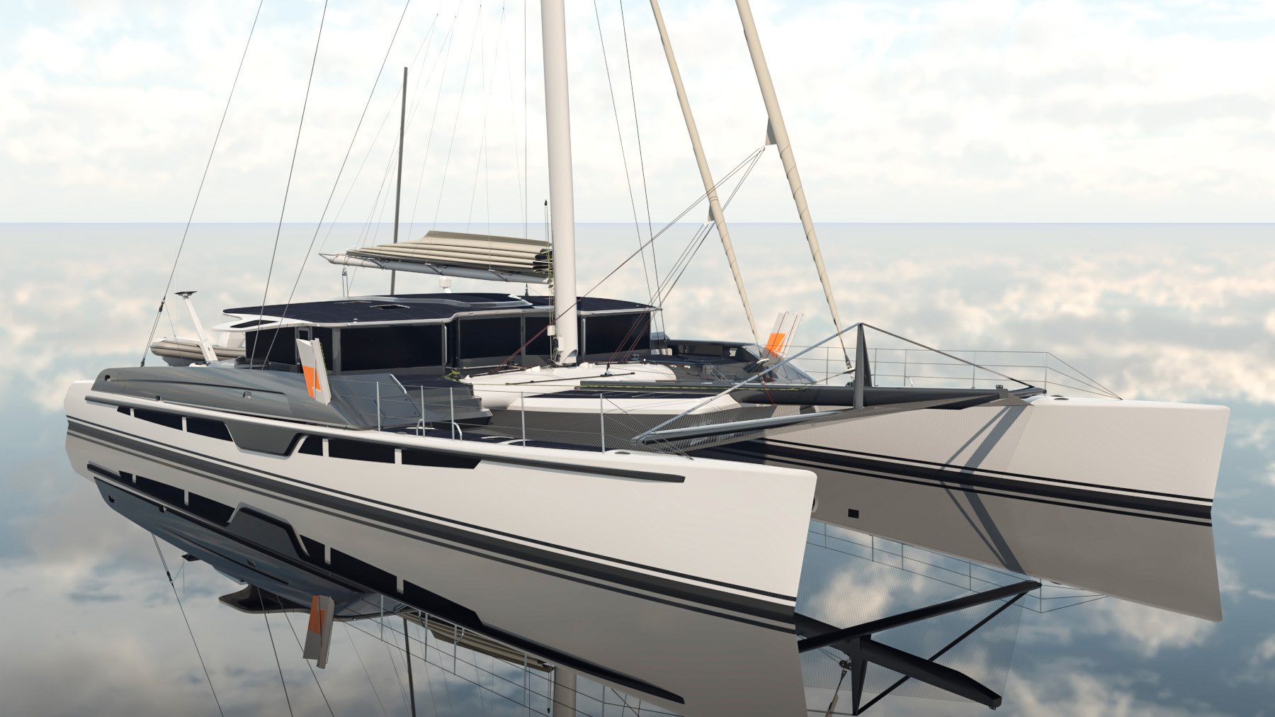 The Bellevue ECO catamaran seen from the side on mirror-calm water